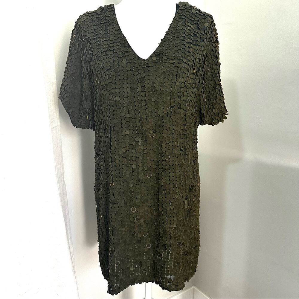 Haute Hippie Olive Green Dress, Silk Lining, Gold Accents, Eclectic,‎ Medium